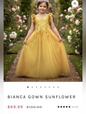 Girls' Golden Yellow Floral Appliqué Tulle Party Dress